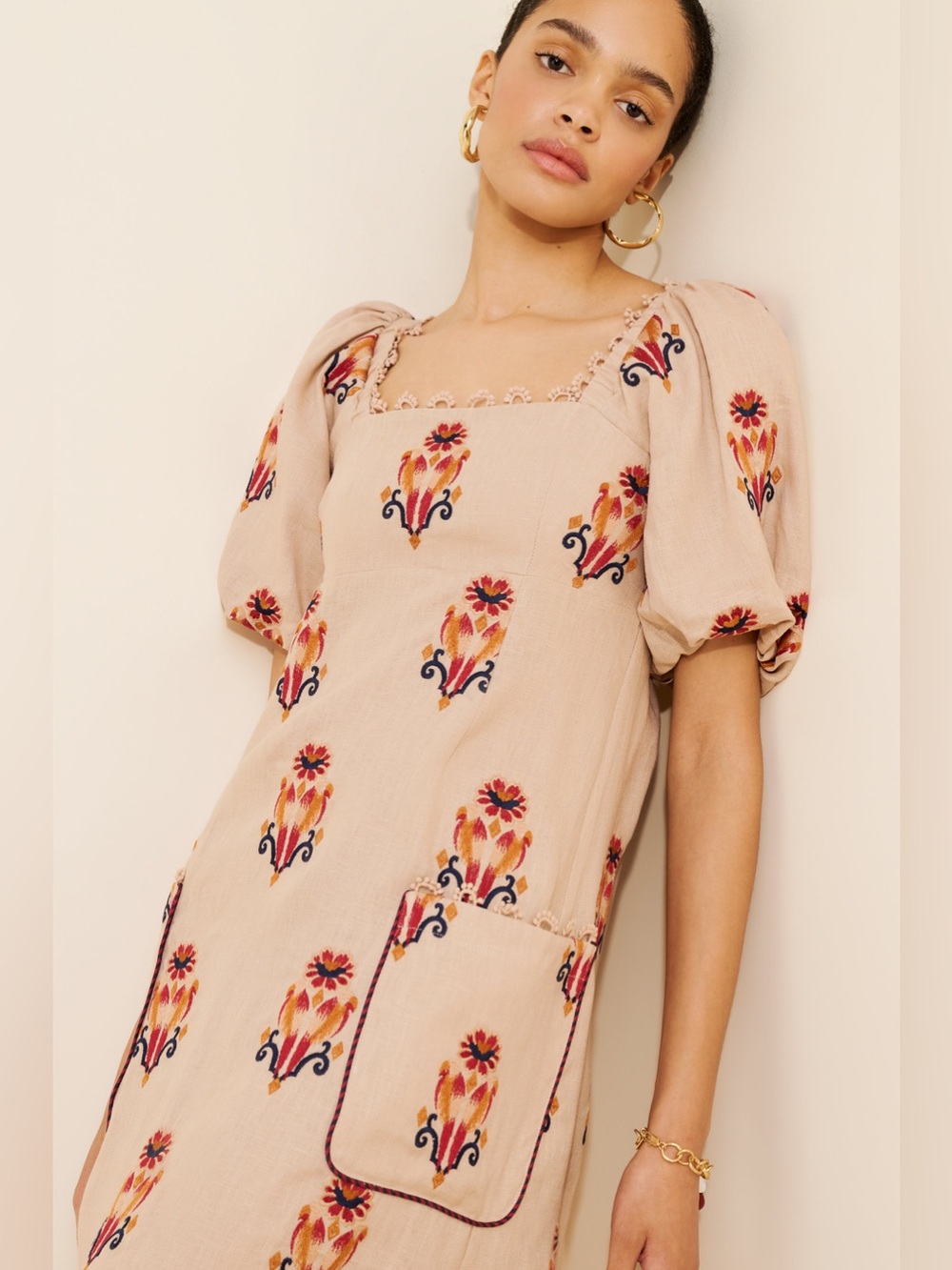 Farm Rio Rose Embroidered Macaw Maxi Dress in Beige Multi | M - Picture 3 of 16